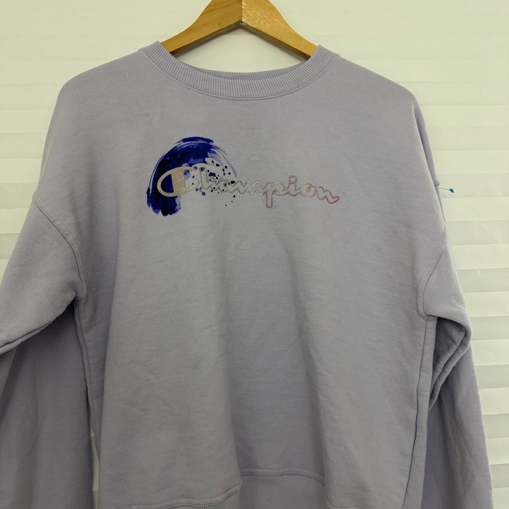 Champion Women Lavender Purple Graphic Logo Fleece Sweatshirt M Sportswear - Picture 3 of 9